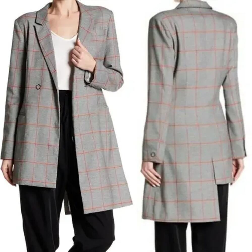 Grey Lab Women's Relaxed Asymmetrical Hem Double Breasted Blazer Plaid Size M